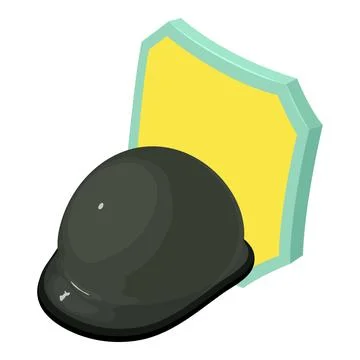 Battle helmet icon isometric vector. Retro soldier helmet and rectangular shield Stock Illustration