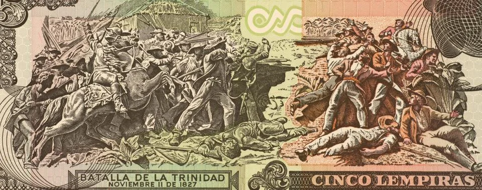 Battle of La Trinidad on 5 Lempiras 2004 Banknote from Honduras Stock Photos