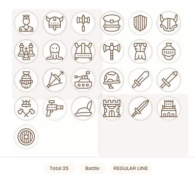 Battle Modern Vector Collection with 25 Regular Line 256x256 PIXEL Perfect .. Stock Illustration