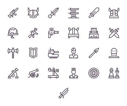 Battle Professional Vector Set with 25 Regular Line Display Perfect 128x128.. Illustrazione stock