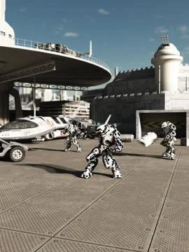 Battle Robots at the Spaceport Stock Illustration