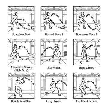 Battle rope exercises, workout illustrations, fitness training, gym, vector.. Stock Illustration