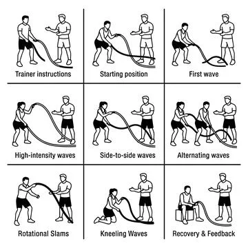 Battle rope exercises, workout routine, fitness training, athletic performa.. Stock Illustration