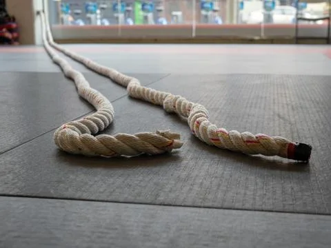 Battle ropes exercise attached to wall, floor level view Stock Photos