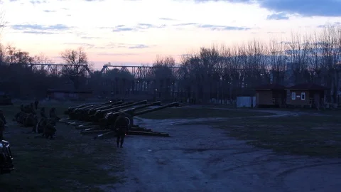Battle scene with Artillery guns. Stock Footage 89619152