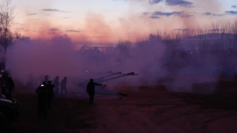 Battle scene with Artillery guns. Stock Footage 89619341