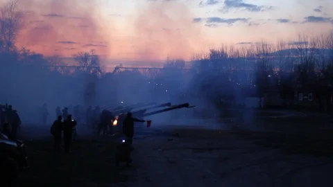 Battle scene with Artillery guns. Stock Footage 89619405