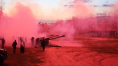 Battle scene with Artillery guns. Stock Footage 89619508