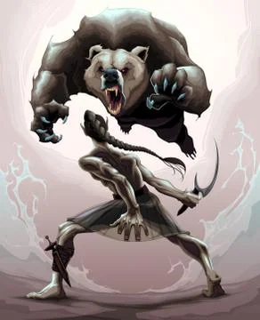 Battle scene between an elf and an agry bear Illustrazione stock