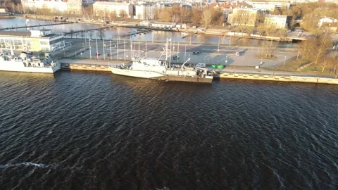 Battle ship in the port Stock Footage 159281964