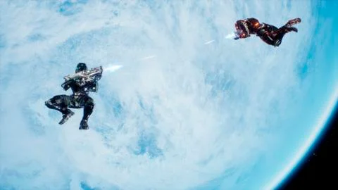 Battle of soldiers of the future in open space near the blue planet. Shootout in Stock Illustration
