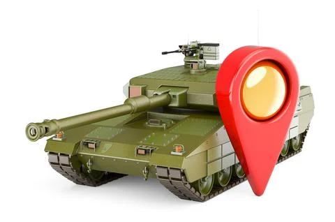 Battle tank with map pointer. 3D rendering Illustrazione stock