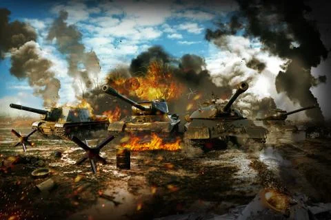Battle Tank in the war zone Stock Illustration