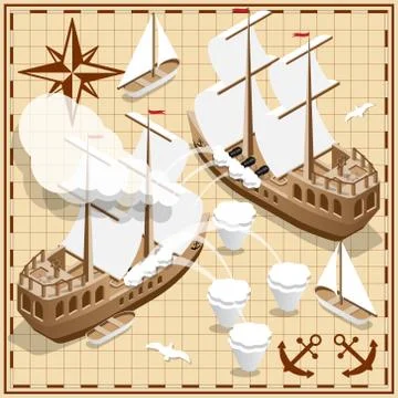 Battleship on the old map. Stock Illustration