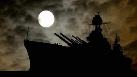 Battleship or Warship By Night with Dark Atmosphere, Fog, Smoke, and Full Moon Stock Footage 201093368