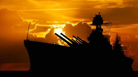Battleship at Sunset, Time Lapse with Red Sun, Fiery Sky and Military Navy Ship Stock Footage 201364708