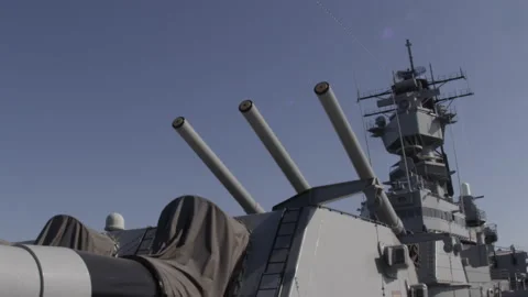 Battleship USS Iowa. Tracking Shot On Main Deck with Turrets and Radar Tower Stock Footage 218521753