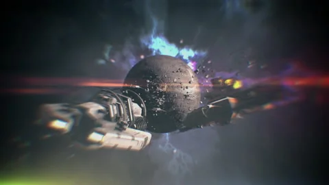 Battleship at war in cosmos. Spaceship attacks space station. Spacecraft explode Stock Footage