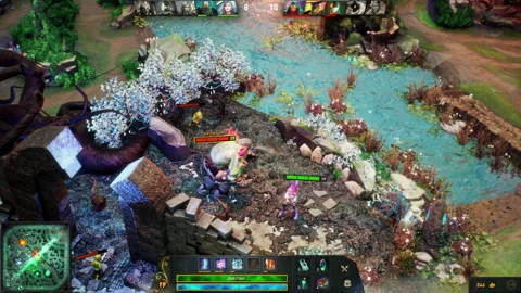 Battling against the enemy boss character in the fun multiplayer MOBA game Stock Footage 278040853