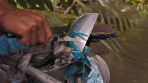 Battling Plastic Stuck on Boat Propeller in the Mekong, Vietnam Stock Footage 284769660