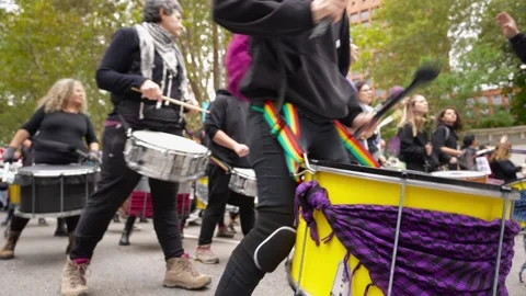 Batucada members playing drums during Pro-Palestine March in Madrid_2 Stock Footage 254366422