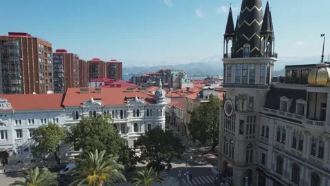 Batumi cityscape with piazza square and clock tower aerial view Stock Footage 333470047