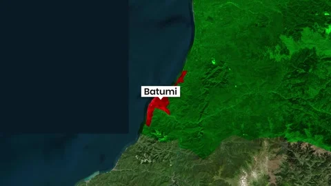 Batumi labeled on satellite map video showing coastline motion Stock Footage 342579967