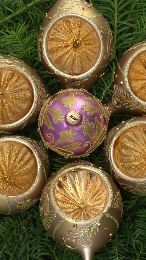 Baubles on Christmas tree branches background.  Vertical video. Stock Footage 281835571