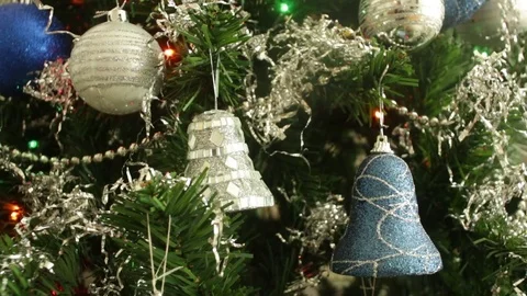 Baubles Plastic Gray Silver Blue Christmas Tree Decoration Bells Stock Footage 70848031