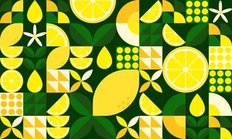 Bauhaus geometric lemon pattern on dark green background, abstract yellow c.. Stock Illustration