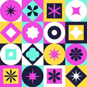 Bauhaus Geometric Motif Pattern with Flowers Stars in Magenta Turquoise Stock Illustration