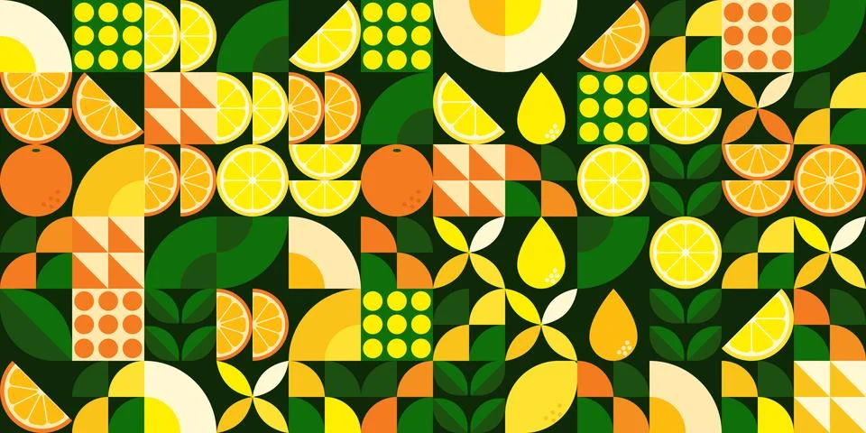 Bauhaus geometric pattern with lemons and oranges on dark green background,.. Stock Illustration