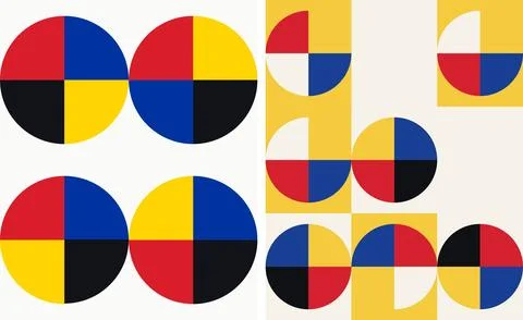 Bauhaus inspired circle pattern block art featuring bold primary colors and.. Stock Illustration