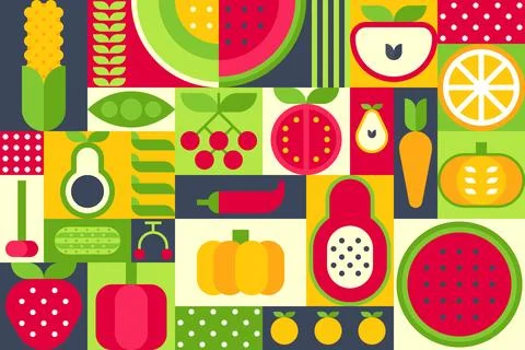 Bauhaus-Inspired Fruit Pattern Vector Illustration with Geometric Shapes Stock Illustration