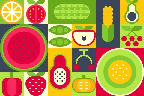 Bauhaus-Inspired Fruit Pattern Vector Illustration with Geometric Shapes 스톡 일러스트