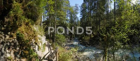 Bavaria Berchtesgaden National Park Ramsau Nature learning trail river Ache Stock Photos