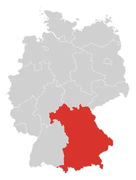 Bavaria highlighted on map of Germany, red on grey Stock Illustration