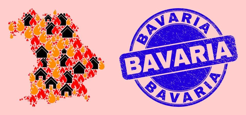 Bavaria Land Map Collage of Flame and Properties and Distress Bavaria Seal Stamp Ilustração Stock