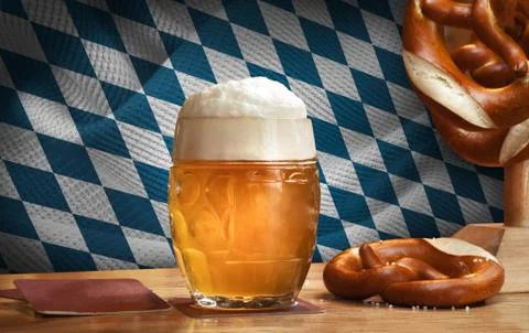 Bavarian Beer Mug on Wood Table Bar Pretzels checked Pattern Background Stock Photos
