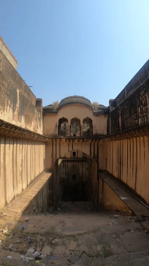 Bawdi Deep Water Step Well also know as baoli historical step well in Jasrapur Stock Footage 208933903