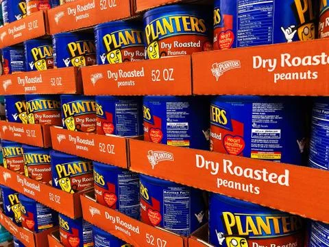 BAXTER, MN - 8 DEC 2019: Store display of Planters Dry Roasted Peanuts. Stock Photos