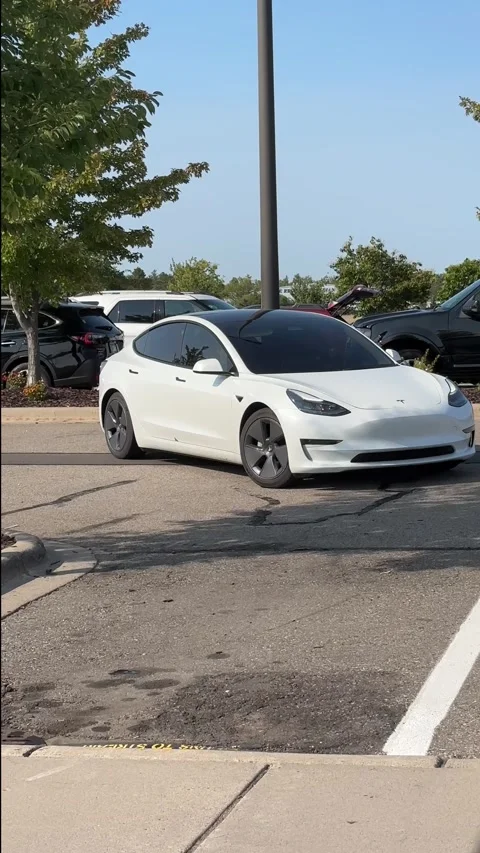BAXTER, MN - 8 SEP 2024: White Tesla car backing up Stock Footage 290804221
