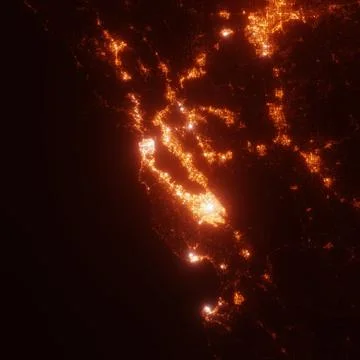 Bay Area lights map, top view from space. Aerial view on night street lights. Stock Photos