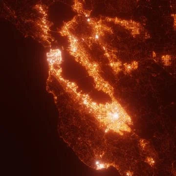 Bay Area lights map, top view from space. Aerial view on night street lights. Stock Photos