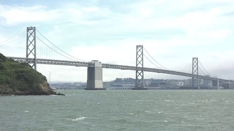 Bay Bridge, large, pan to San Francisco Stock Footage 76319017