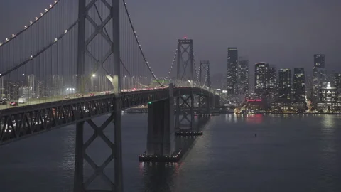 Bay Bridge West Span Tower Close-Up at Night San Francisco Skyline Video stock 344913688