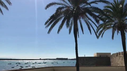 Bay in Cadiz Castillo de Santa Catalina port for fishers and boats. Stock Footage 132031053
