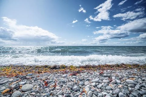 Bay, gravel, ende, scandinavia, nordic, fresh, horizontal, waves, tide, tranq Stock Photos