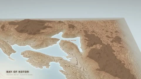 Bay of Kotor 3D terrain relief map drawn as a topographic contour sheet Видео 344566922