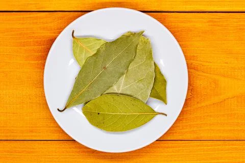 Bay leaf. Laurel tree leaves on a white plate on an orange wooden table. Stock Photos